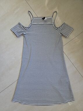 H&M White and Black Striped Cold-Shoulder Mini Dress